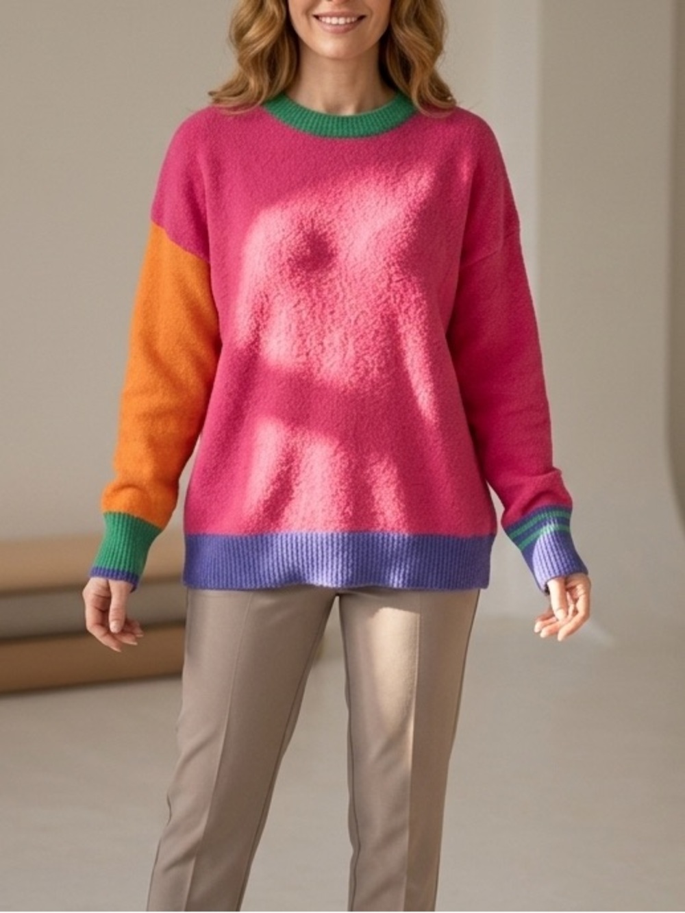 Pink Lily Pink Colorblock Crewneck Sweater with Green, Orange & Blue Accents